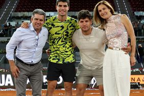 Carlos Alcaraz of Spain with his father Carlos Snr, his mother Virginia Garfia and brother Alvaro Alcaraz at the the Mutua Madrid Open in 2023