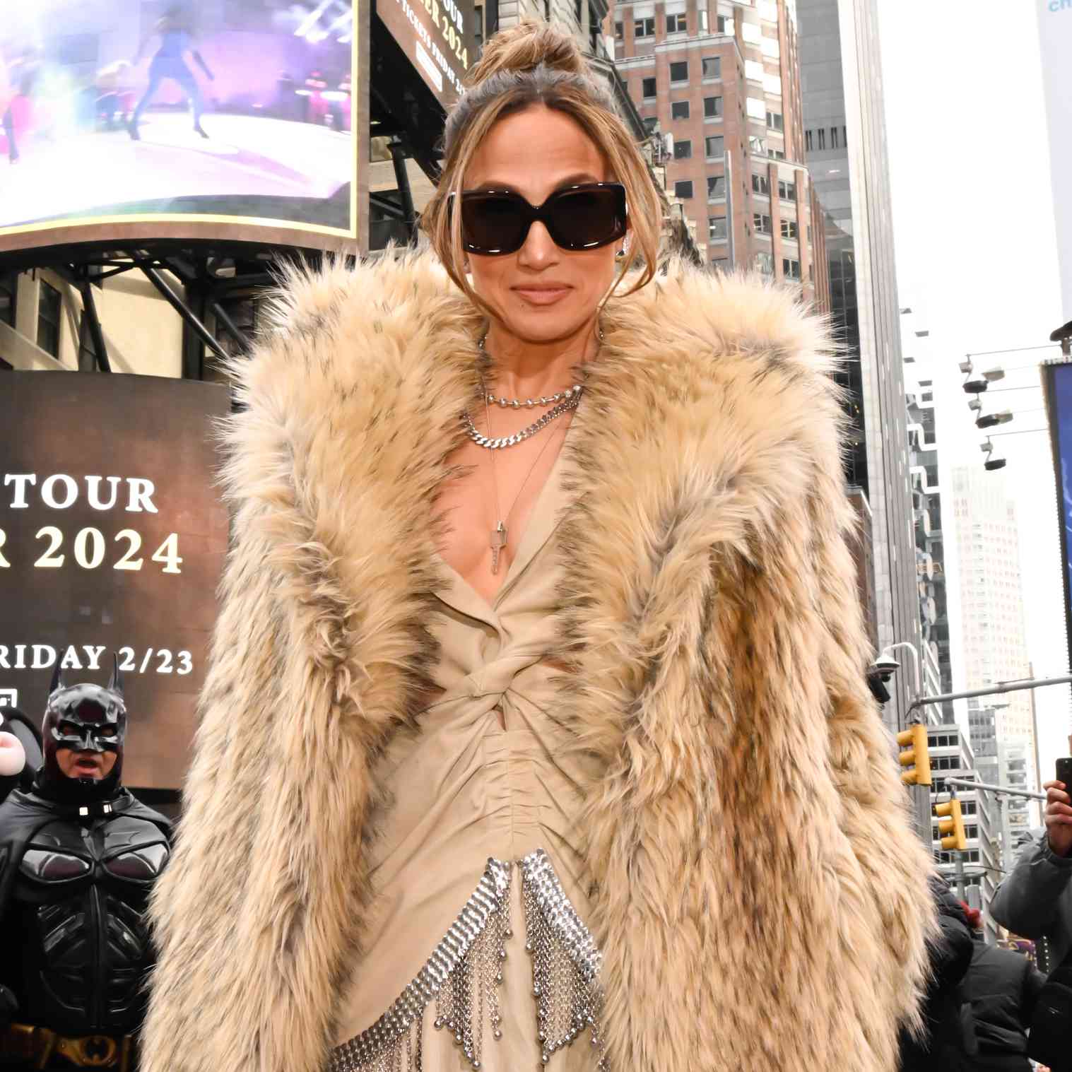 Jennifer Lopez is seen in Times Square on February 15, 2024 in New York City
