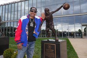 Allen Iverson poses for a photo after the Allen Iverson Trophy Unveiling on April 12, 2024 at the Philadelphia 76ers Training Complex in Camden