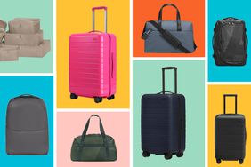 Away Travel Luggage arranged on a colorful background