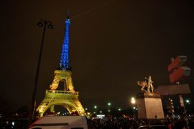 Eiffel Tower lit in the colours of the Ukrainnian flag in a show of support to Ukraine, one year after Russia launched a military invasion on the country, in Paris, France on February 23, 2023.