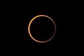 A rare "ring of fire" annular solar eclipse is seen on October 14, 2023 in Boerne, Texas.