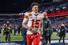 Kansas City Chiefs quarterback Patrick Mahomes (15) reacts while running off the field after an NFL divisional round playoff football game, Sunday, Jan. 21, 2024 in Orchard Park, NY