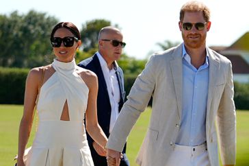 Britain's Prince Harry and wife Meghan Markle, Duchess of Sussex, arrive for the 2024 Royal Salute Polo Challenge to Benefit Sentebale, Friday, April 12, 2024, in Wellington, Fla.