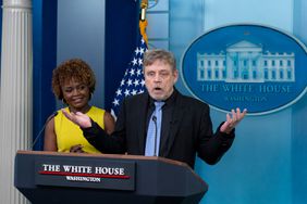 Actor Mark Hamill, right, joins White House press secretary Karine Jean-Pierre as she speaks with reporters in the James Brady Press Briefing Room at the White House, Friday, May 3, 2024, in Washington.