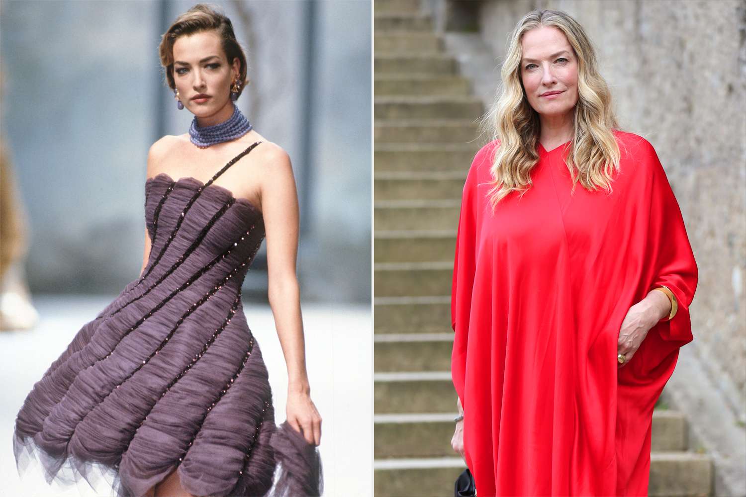PARIS, FRANCE - JULY: Tatjana Patitz walks the runway during the Chanel Haute Couture show as part of Paris Fashion Week Fall/Winter 1991-1992 in July, 1991 in Paris, France. (Photo by Victor VIRGILE/Gamma-Rapho via Getty Images); MUNICH, GERMANY - APRIL 12: Model Tatjana Patitz attends the world premiere of the new coffee machine WMF Perfection at Haus der Kunst on April 12, 2022 in Munich, Germany. (Photo by Gisela Schober/Getty Images for WMF)