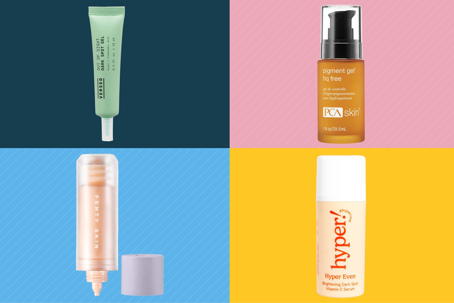 A collage of dark spot correctors we recommend on a colorful background 