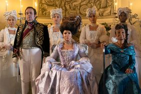 Hugh Sachs as Brimsley, Golda Rosheuvel as Queen Charlotte, and Adjoa Andoh as Lady Agatha Danbury in Season 3 of 'Bridgerton'.