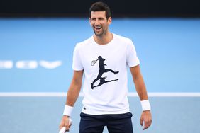 Novak Djokovic playing a relaxed warm-up with his training team during a media opportunity ahead of the 2023 Adelaide International at Memorial Drive on December 28, 2022 in Adelaide, Australia.