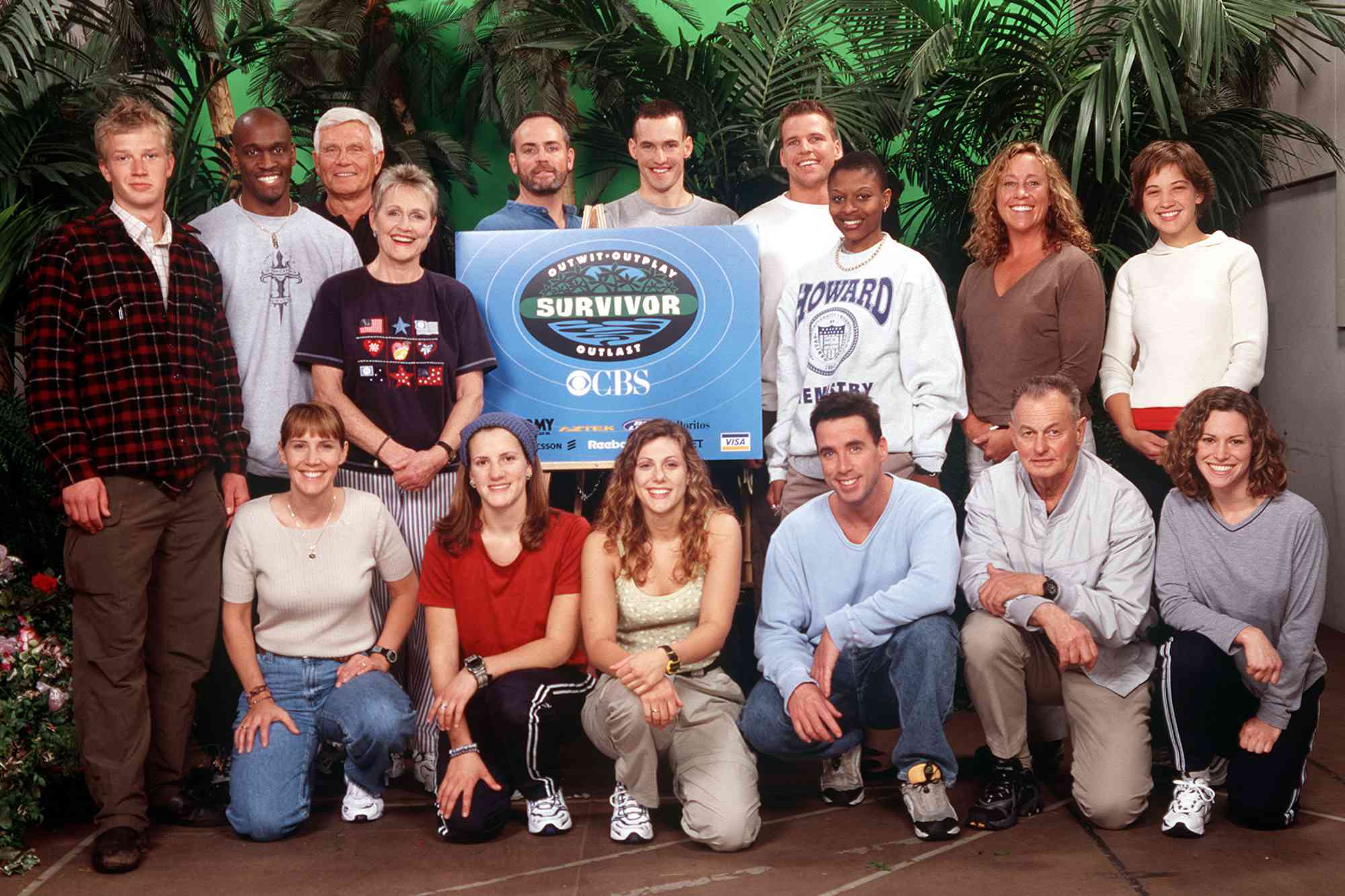 Survivor Season 1 Cast, Gretchen Cordy, Kelly wiglesworth, Jenna Lewis, Sean Kenniff, Rudy Boesch and Stacey Stillman. Back row, from left: Greg, Gervase, B.B., Sonja, Richard, Dirk, Joel, Ramona, Susan and Colleen.
