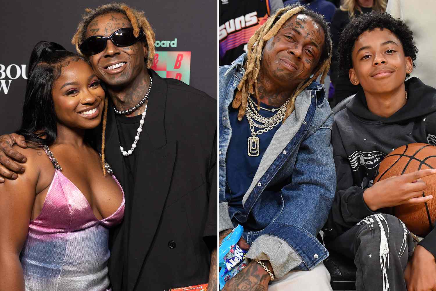 Reginae Carter and Lil Wayne at Billboard R&B Hip-Hop Live on August 8, 2023 in Los Angeles, California. ; Lil Wayne and his son Kameron Carter attend a basketball game between the Los Angeles Lakers and the Phoenix Suns on October 26, 2023 in Los Angeles, California. 
