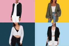 Four of the best cardigans on models, each on a different color background. 
