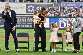 Derek Jeter and family attend Derek Jeter Hall Of Fame Night At Yankee Stadium at Yankee Stadium in the Bronx ,New York, on September , 9,2022 Pictured: Derek Jeter,Hannah Jeter and daughters Story,Bella and River Rose Ref: SPL5433669 090922 NON-EXCLUSIVE Picture by: Jackie Brown / SplashNews.com Splash News and Pictures USA: +1 310-525-5808 London: +44 (0)20 8126 1009 Berlin: +49 175 3764 166 photodesk@splashnews.com World Rights,