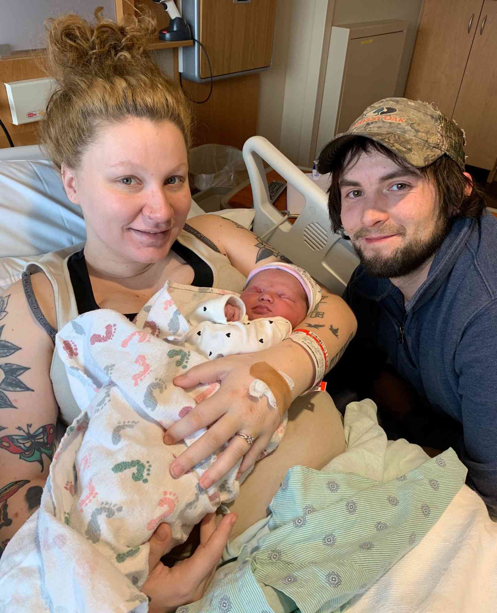 Chelsea O'Donnell and her partner Jake with their newborn Skylar Rose