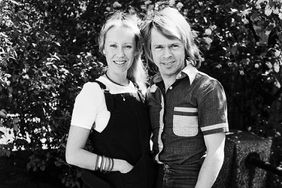 Portrait of married Swedish Pop musicians Agnetha Faltskog and Bjorn Ulvaeus, both of the group ABBA, as they pose in their yard, Stockholm, Sweden, July 1977.