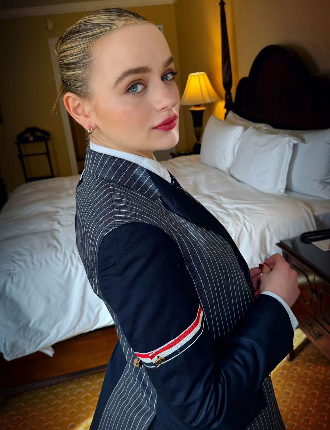 Joey King gets ready for the Hulu Winter TCAs in Pasadena with Chic Thom Browne Outfit.