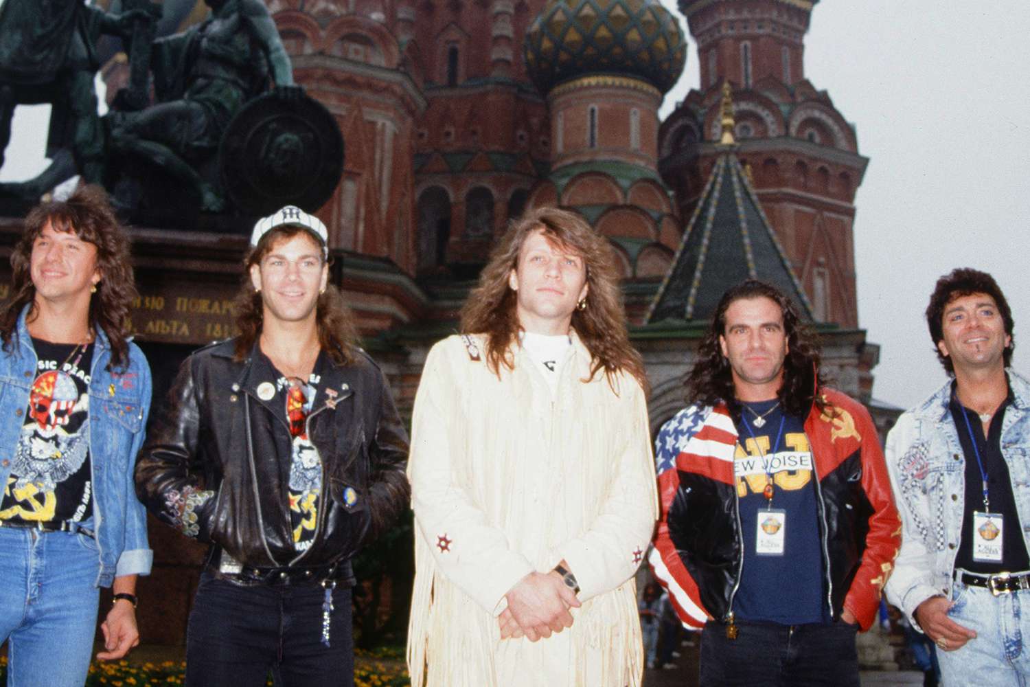 Bon Jovi on the street, photo shoot on the street, on a street, Moscow, USSR, 12th and 13th August, 1989. (L-R) Richie Sambora (guitar), David Bryan (keyboards), Jon Bon Jovi (vocals), Tico Torres (drums), Alec John Such (bass). 