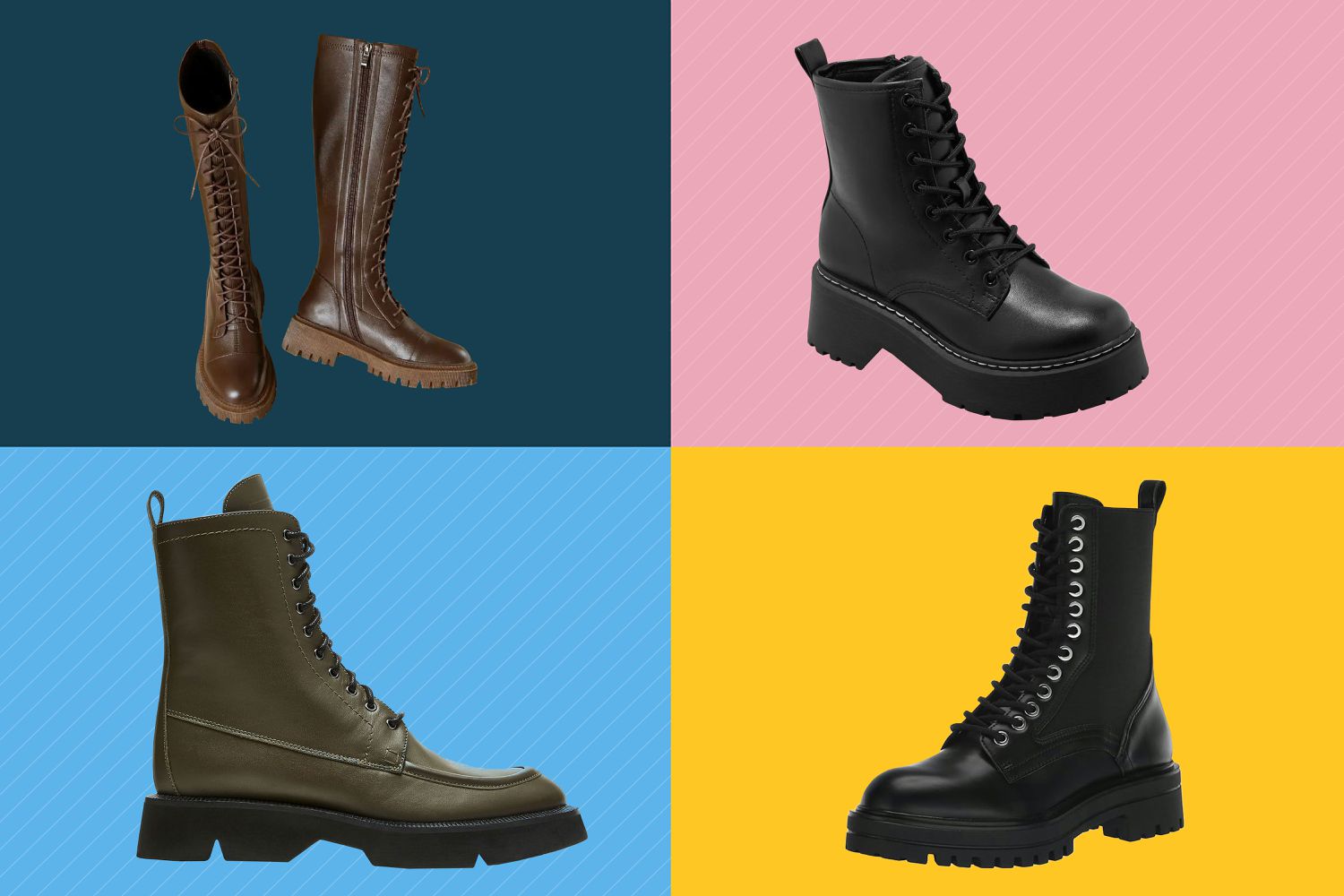 Four pairs of Combat Boots arranged on a colorful background