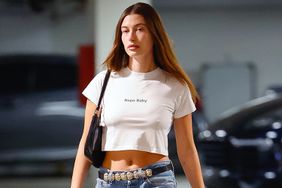 Hailey Bieber is seen on January 06, 2023 in Los Angeles, California wearing "Nepo Baby" shirt.
