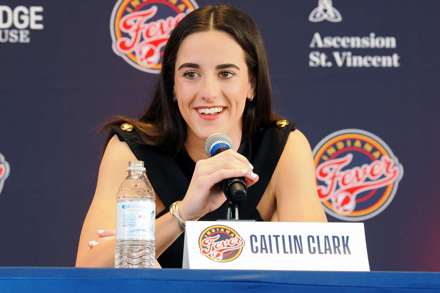 Caitlin Clark of the Indiana Fever talks to the media during an introductory press conference on April 17, 2024 at Gainbridge Fieldhouse in Indianapolis, Indiana.