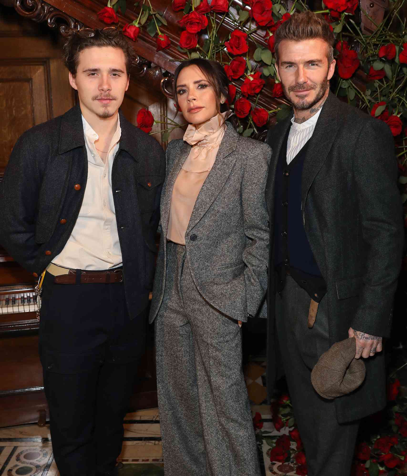 Brooklyn, Victoria and David Beckham attend the Kent & Curwen presentation during London Fashion Week Men's January 2019 at Two Temple Place on January 6, 2019 in London, England
