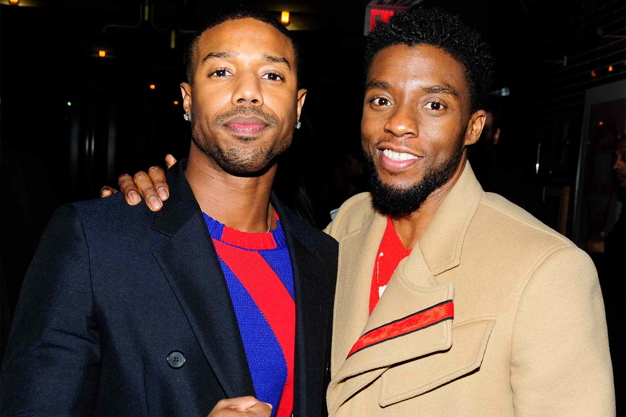 Chadwick Boseman and Michael B. Jordan attend The Cinema Society with Ravage Wines & Synchrony host the after party for Marvel Studios' "Black Panther" at The Skylark on February 13, 2018 in New York City.