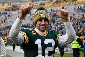 Aaron Rodgers #12 of the Green Bay Packers reacts after getting the win against the Washington Redskins at Lambeau Field on December 08, 2019 in Green Bay, Wisconsin