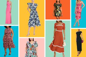 collage of the best spring wedding guest dresses we recommend on a colorful background
