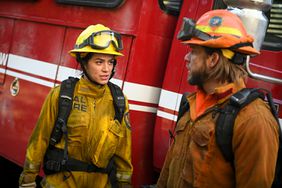 Stephanie Arcila as Gabriela Perez and Max Thieriot as Bode Donovan in Fire Country