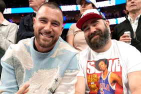 Travis Kelce and Jason Kelce attend a game before the game against the Boston Celtics against the Philadelphia 76ers during Game 6 of the 2023 NBA Playoffs Eastern Conference semi-finals on May 11, 2023 at the Wells Fargo Center in Philadelphia, Pennsylvania 