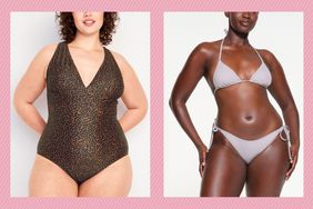 One-piece and two-piece swimsuits on different models with a pink border.
