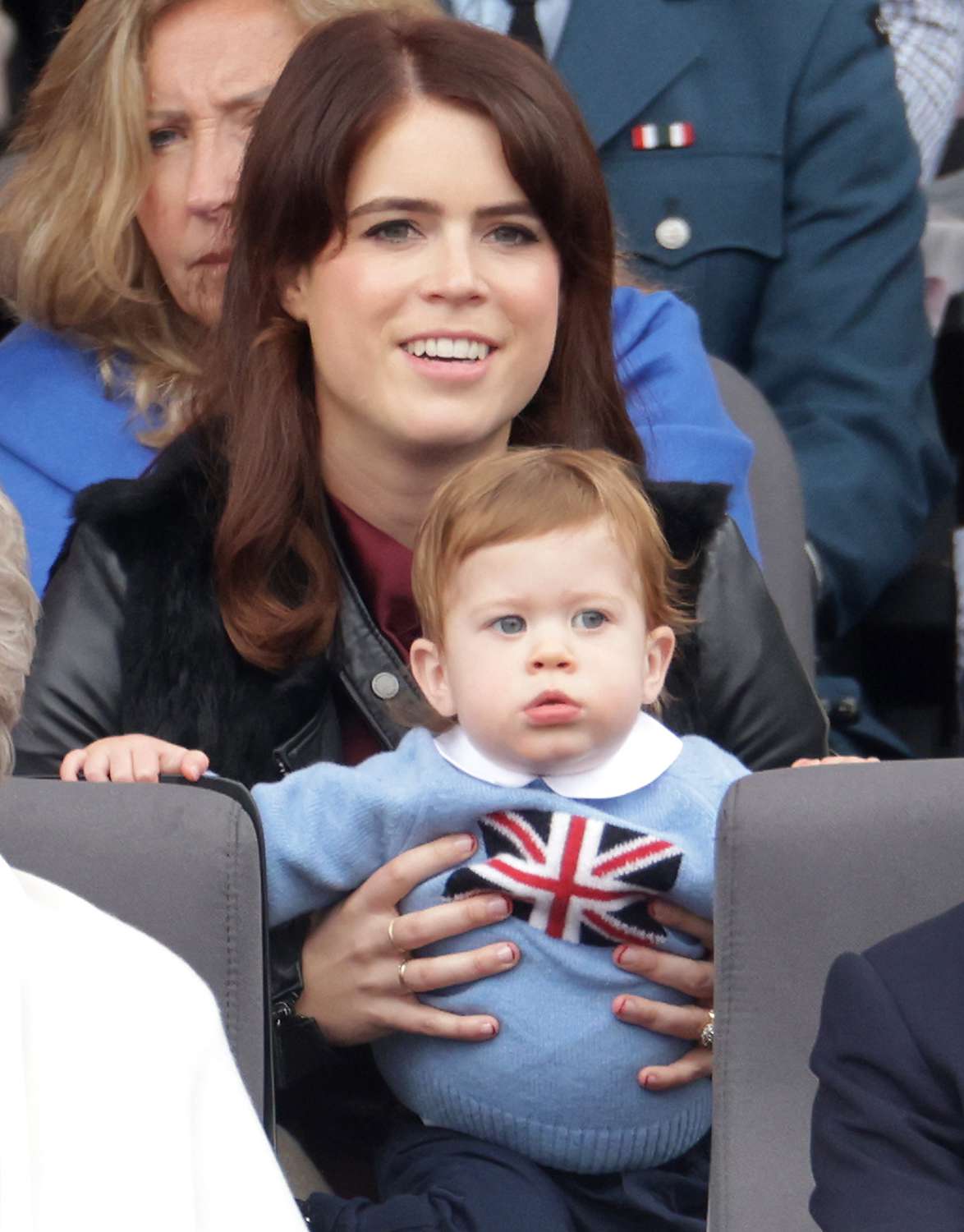 Princess Eugenie and August Brooksbank watch the Platinum Jubilee Pageant from the Royal Box during the Platinum Jubilee Pageant on June 05, 2022 in London, England. The Platinum Jubilee of Elizabeth II is being celebrated from June 2 to June 5, 2022, in the UK and Commonwealth to mark the 70th anniversary of the accession of Queen Elizabeth II on 6 February 1952.