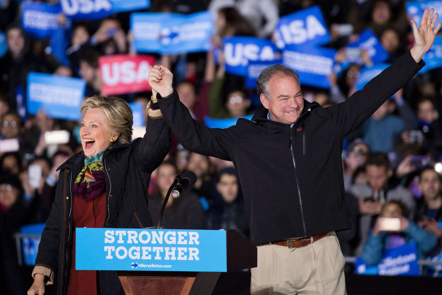 US Democratic presidential candidate Hillary Clinton and running mate Tim Kaine arrive for a rally in Philadelphia, Pennsylvania on October 22, 2016.