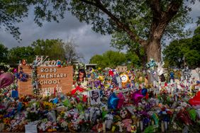 A memorial dedicated to the 19 children and two adults killed on May 24th during the mass shooting at Robb Elementary School