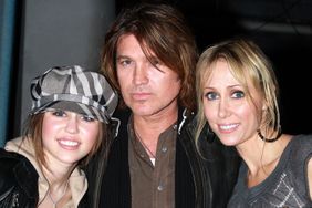 Singer/Actress Miley Cyrus, father Billy Ray Cyrus and mother Leticia "Tish" Cyrus pose as they visit backstage at "Mamma Mia!" on Broadway at The Winter Garden Theater on December 23, 2007 in New York City.