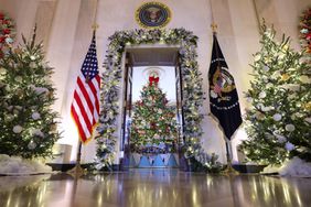 The Blue Room can be seen through the doorway in the Cross Hall, which is lined with frosted Christmas tress, during a media preview of the 2023 holiday decorations at the White House November 27, 2023