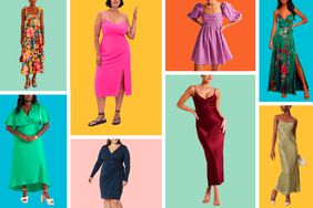 Various Wedding Guest Dresses arranged on a colorful background