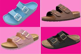 Collage of four Birkenstock-Type Sandals on pink background