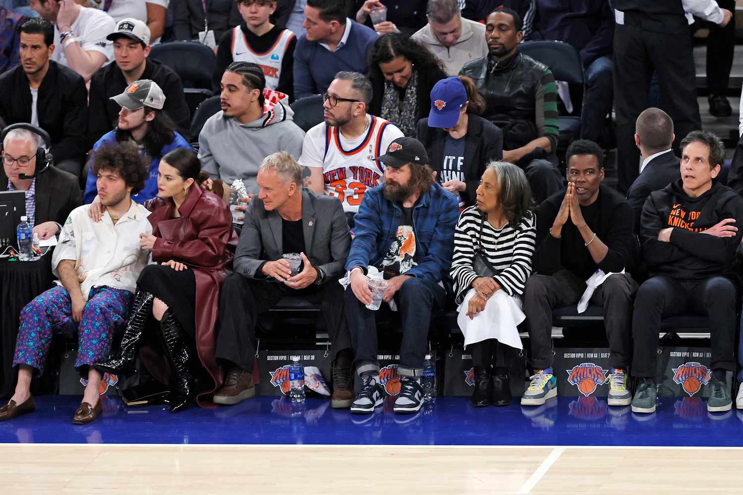 Benny Blanco (left), Selena Gomez, Sting, Chris Rock, and Ben Stiller in New York City on April 22, 2024