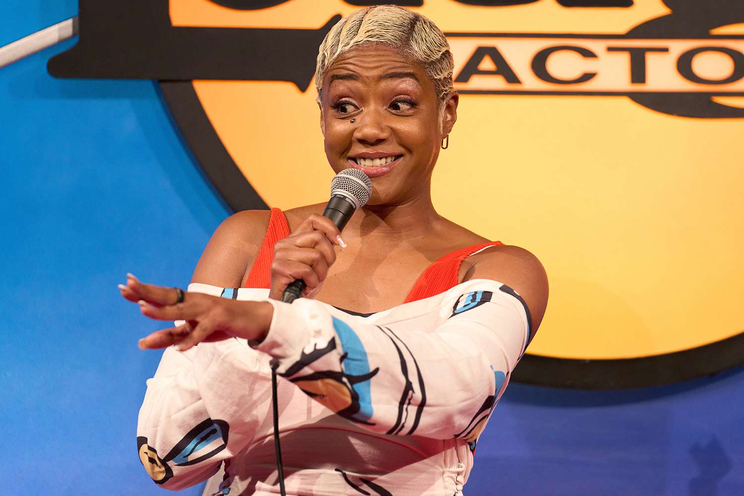 Tiffany Haddish performs during a 'Stand Up for Strikers' comedy event and promotion for her new film 'Back On The Strip' at The Laugh Factory in Los Angeles, California, USA, 15 August 2023.