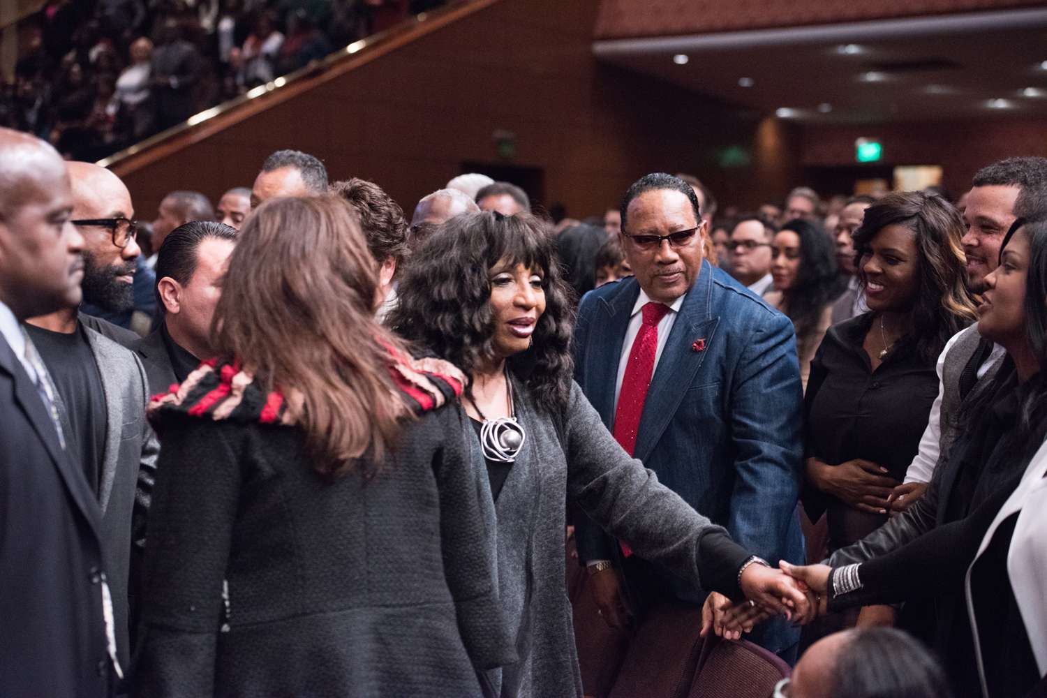 Sandra Crouch (center-twin sister to the late Andrae Crouch) attends the Andrae Crouch Memorial Celebration Of Life at West Angeles Church of God And Christ on January 20, 2015 in Los Angeles, California. 
