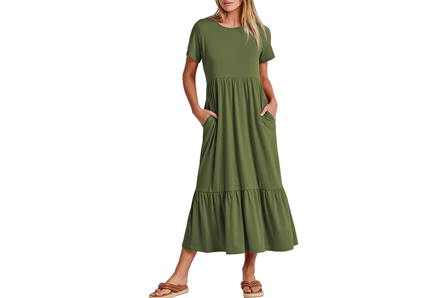 Amazon PD ANRABESS Women's Summer Casual Short Sleeve Crewneck Swing Dress Green