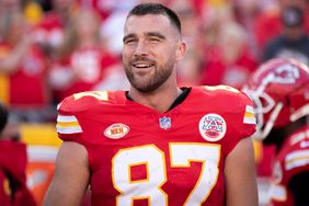 Kansas City Chiefs tight end Travis Kelce (87) smiles before an NFL game against the Los Angeles Chargers, Sunday, Oct. 1, 2023