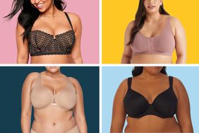 Collage of four plus size bras on models, each on a different color background. 