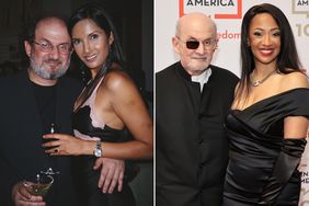 Salman Rushdie and Padma Lakshmi at a Talk Magazine party for Martin Amis in New York City in 2000. ; Salman Rushdie and Rachel Eliza Griffiths attend the 2023 PEN America Literary Gala on May 18, 2023 in New York City. 