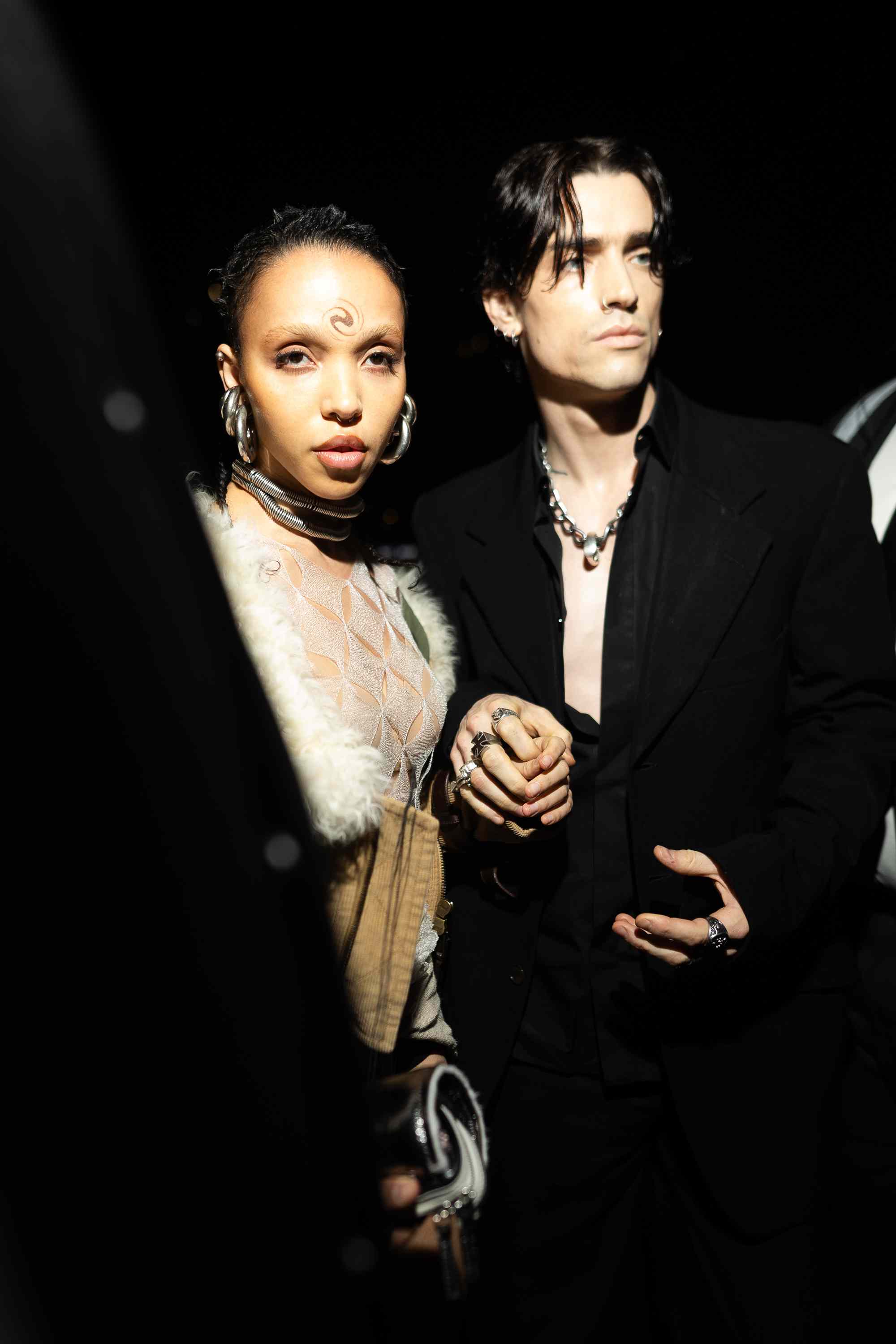 FKA Twigs and her boyfriend Jordan Hemingway attend the British Vogue And Tiffany & Co. Celebrate Fashion And Film Party 2024 at Annabel's.