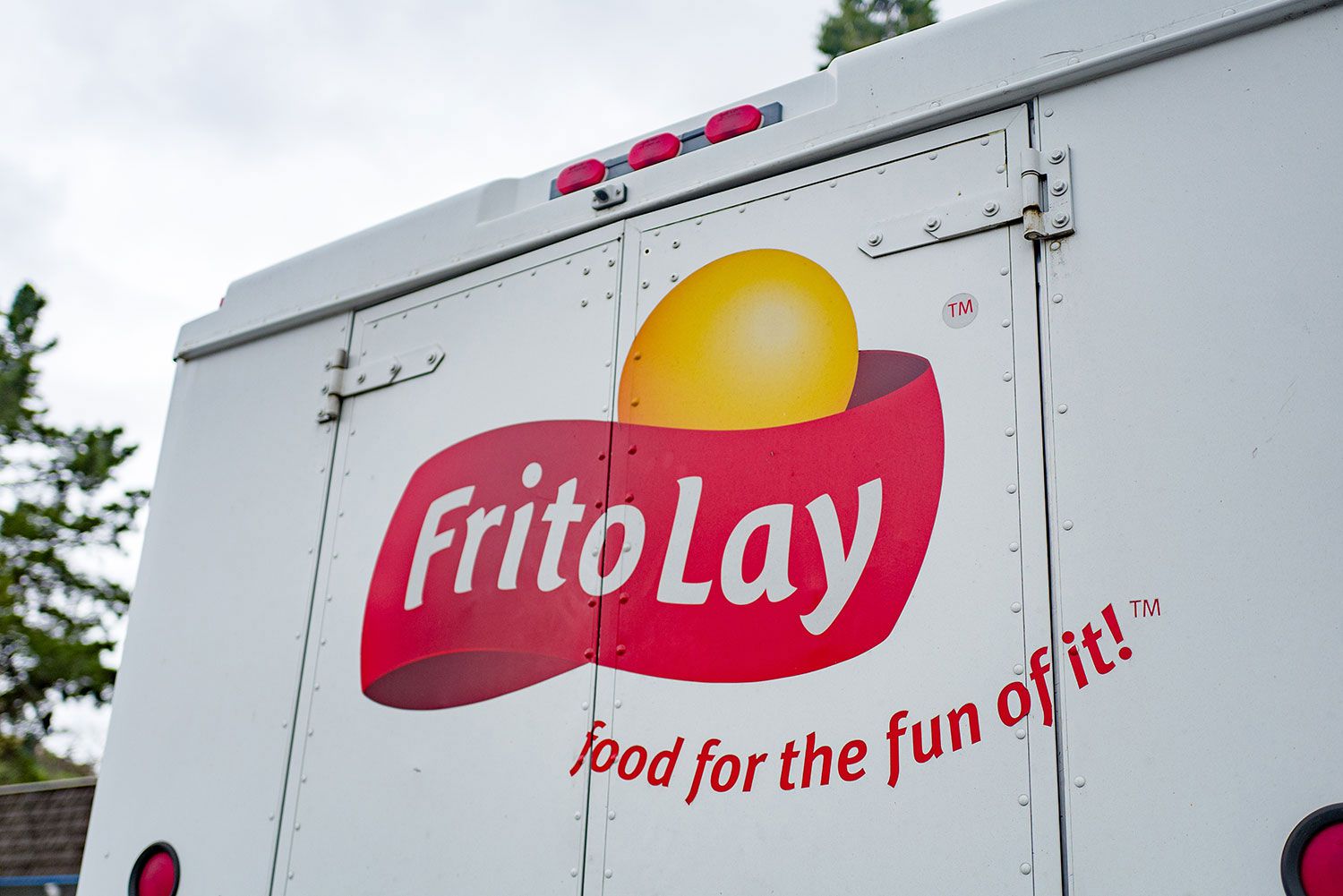 Logo for snack food manufacturer Frito Lay on a delivery truck in Lafayette, California, April 4, 2019. (Photo by Smith Collection/Gado/Getty Images)