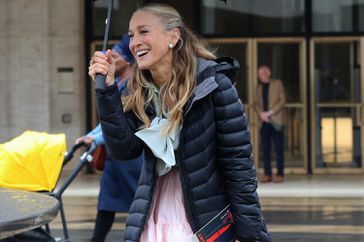 Sarah Jessica Parker is seen on the set of "And Just Like That" at Lincoln Center Plaza on May 10, 2024 