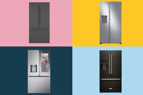 Collage of refrigerators from brands we recommend on a colorful background