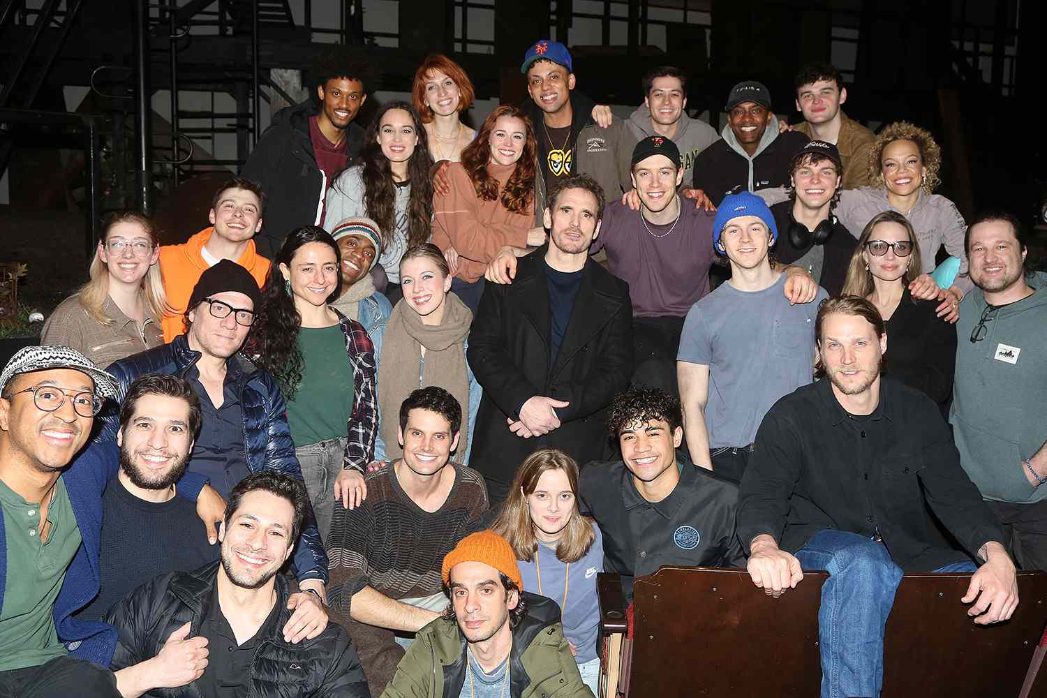Producer Angelina Jolie, Producer Vivienne Jolie-Pitt, Original film star Matt Dillon, Director Danya Tamor, Book Writer Adam Rapp pose with the cast and company backstage at the new musical based on the classic book "The Outsiders" on Broadway 
